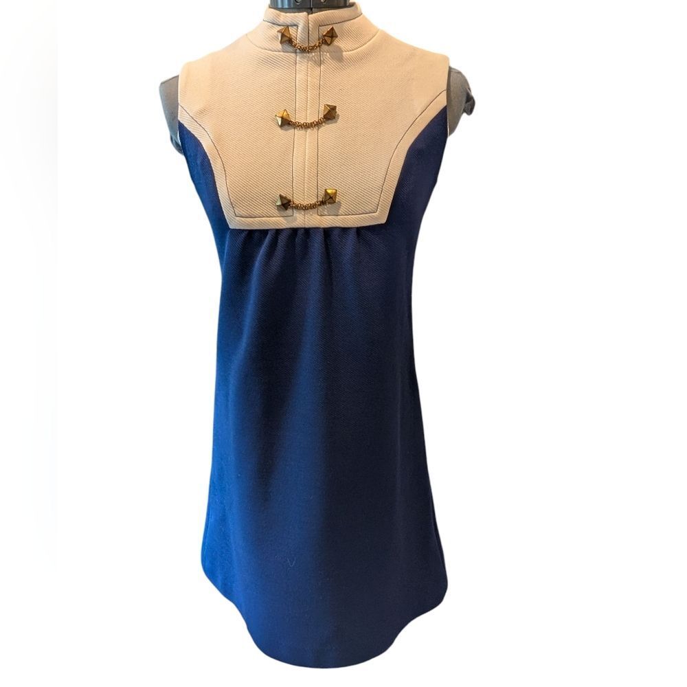 Women's Vintage Mod MCM Navy Blue White Sleeveless Mini Dress Metal Nautical‎